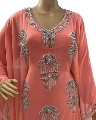 peach georgette moroccan islamic dubai kaftan farasha zari and stone work dress 3