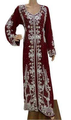 maroon georgette moroccan islamic dubai kaftan farasha zari and stone work dress 1