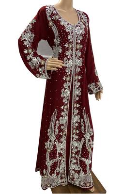 maroon georgette moroccan islamic dubai kaftan farasha zari and stone work dress 2