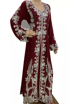 maroon georgette moroccan islamic dubai kaftan farasha zari and stone work dress