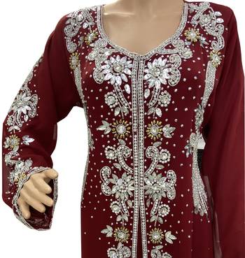 maroon georgette moroccan islamic dubai kaftan farasha zari and stone work dress 3