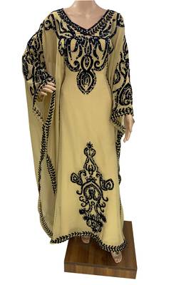 beige georgette moroccan islamic dubai kaftan farasha aari and stone work dress 1