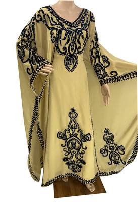 beige georgette moroccan islamic dubai kaftan farasha aari and stone work dress 2