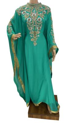 sea green georgette moroccan islamic dubai kaftan farasha zari and stone work dress 1