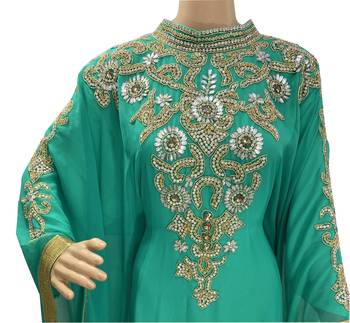 sea green georgette moroccan islamic dubai kaftan farasha zari and stone work dress 2