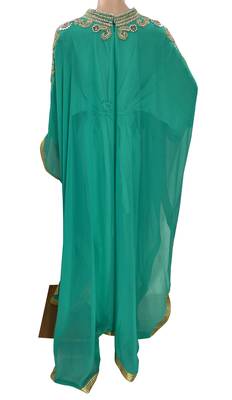 sea green georgette moroccan islamic dubai kaftan farasha zari and stone work dress 3