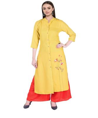 Women Mustard Embroidered Frontslit Kurta 1