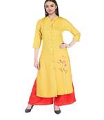 Women Mustard Embroidered Frontslit Kurta