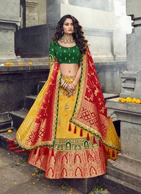 Yellow embroidered silk semi stitched lehenga 1