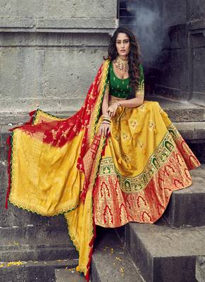 Yellow embroidered silk semi stitched lehenga 2