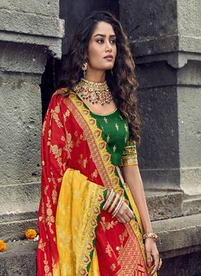 Yellow embroidered silk semi stitched lehenga 3