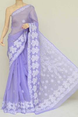 Lavender Color Hand Embroidered Cotton Designer Lucknowi Chikankari Saree 1