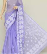 Lavender Color Hand Embroidered Cotton Designer Lucknowi Chikankari Saree