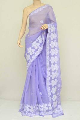 Lavender Color Hand Embroidered Cotton Designer Lucknowi Chikankari Saree 2