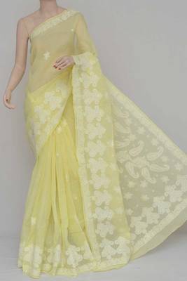 Yellow Color Cotton Designer Hand Embroidered Lucknowi Chikankari Saree 1