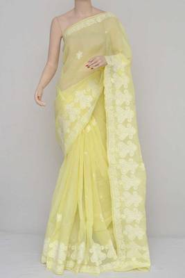 Yellow Color Cotton Designer Hand Embroidered Lucknowi Chikankari Saree 2