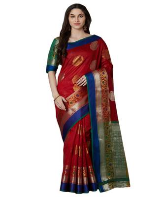 Maroon printed Silk Blend saree with blouse 1