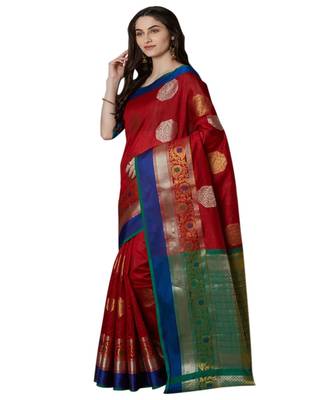 Maroon printed Silk Blend saree with blouse 3