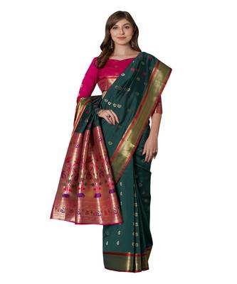 Green printed Silk Blend saree with blouse 1