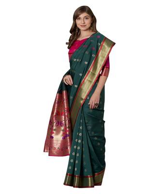 Green printed Silk Blend saree with blouse 3