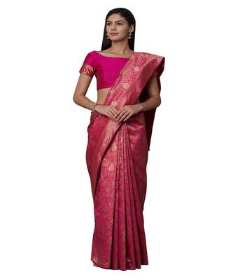 Pink printed Silk blend saree with blouse 1