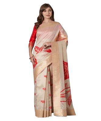 Beige printed Silk Blend saree with blouse 1