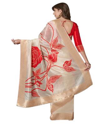 Beige printed Silk Blend saree with blouse 2