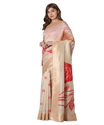 Beige printed Silk Blend saree with blouse 3