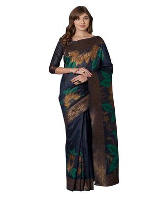 Blue printed Silk Blend saree with blouse 1
