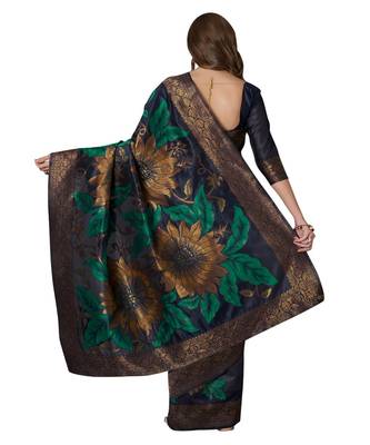 Blue printed Silk Blend saree with blouse 2
