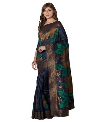 Blue printed Silk Blend saree with blouse 3