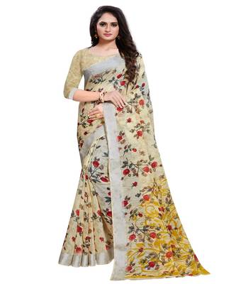 Yellow printed linen saree with blouse 1