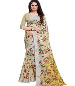 Yellow printed linen saree with blouse