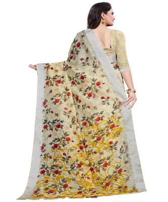 Yellow printed linen saree with blouse 2
