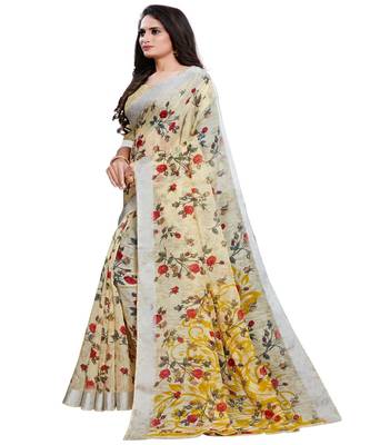 Yellow printed linen saree with blouse 3