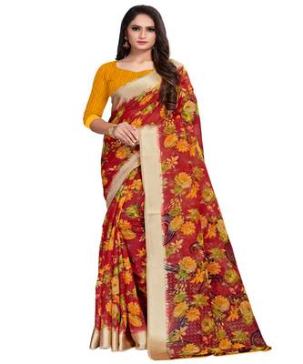 Red printed linen saree with blouse 1