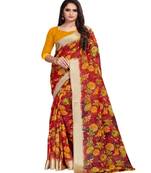 Red printed linen saree with blouse