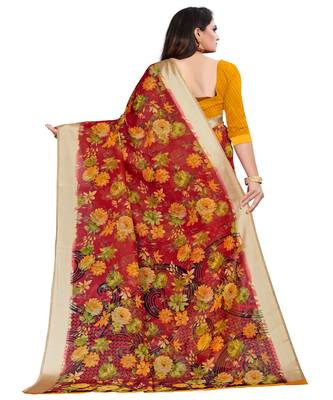 Red printed linen saree with blouse 2