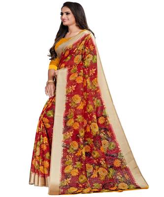 Red printed linen saree with blouse 3