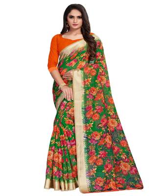 Green printed linen saree with blouse 1
