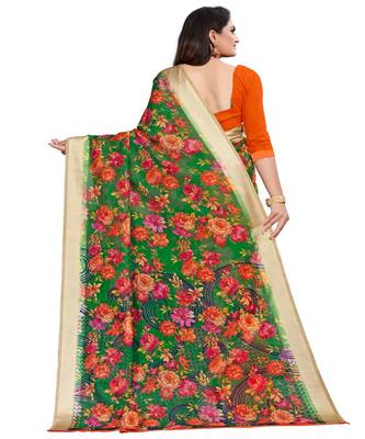 Green printed linen saree with blouse 2