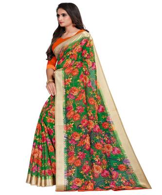 Green printed linen saree with blouse 3