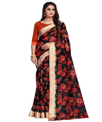 Black printed linen saree with blouse 1