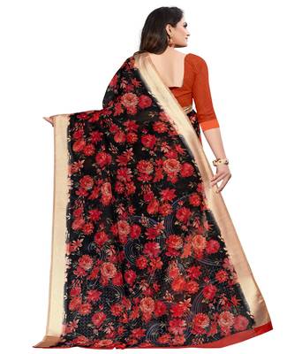 Black printed linen saree with blouse 2