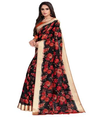 Black printed linen saree with blouse 3