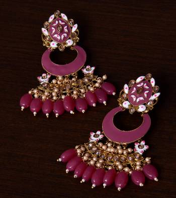 Pink Alloy Meenakari Yellow Gold Plated Chandbali Earrings 1