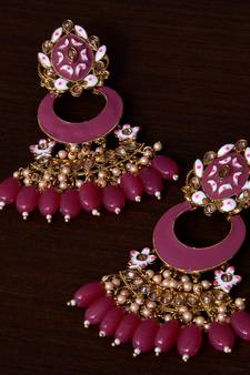 Pink Alloy Meenakari Yellow Gold Plated Chandbali Earrings
