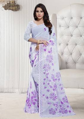 White printed georgette saree with blouse 1