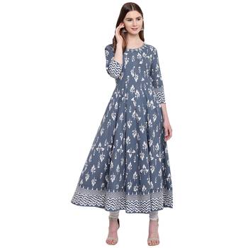 Grey printed cotton long-kurtis 1