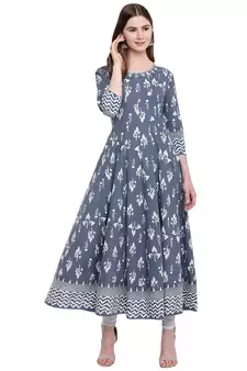 Grey printed cotton long-kurtis